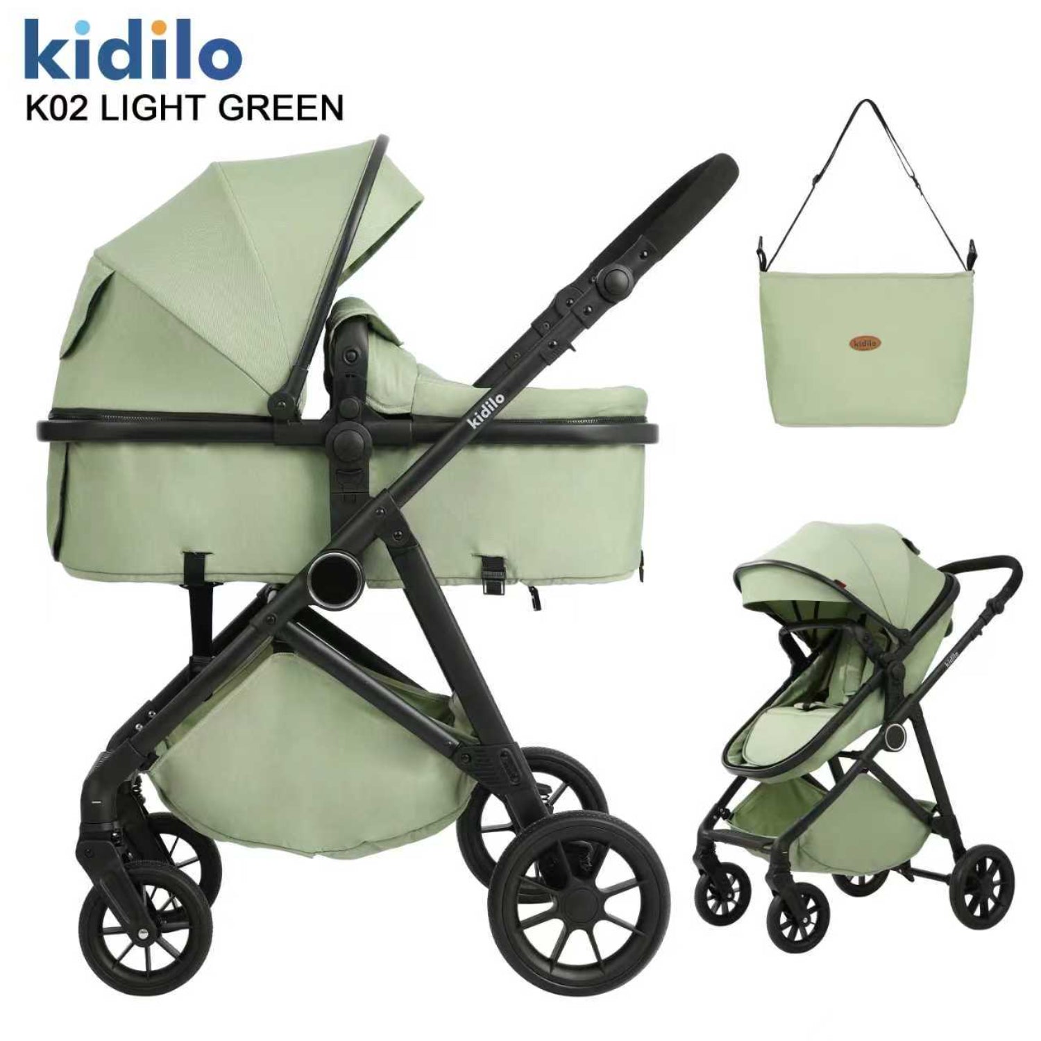 carrito de bebé Kidilo K02 verde claro, vista lateral y frontal, accesorios incluidos